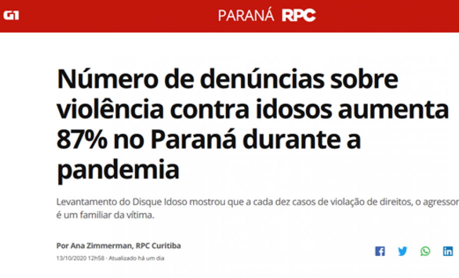 G1 Paraná - Número de denúncias sobre violência contra idosos aumenta 87% no Paraná durante a pandemia